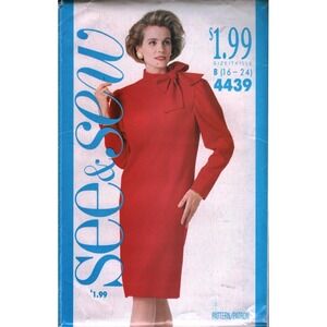 Vintage See & Sew Butterick 4439 Dress Pattern Size 16-24 High Neck Tie Collar